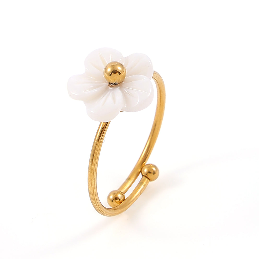 Ellen - Anillo de Flor Blanca Ajustable de Acero Inoxidable