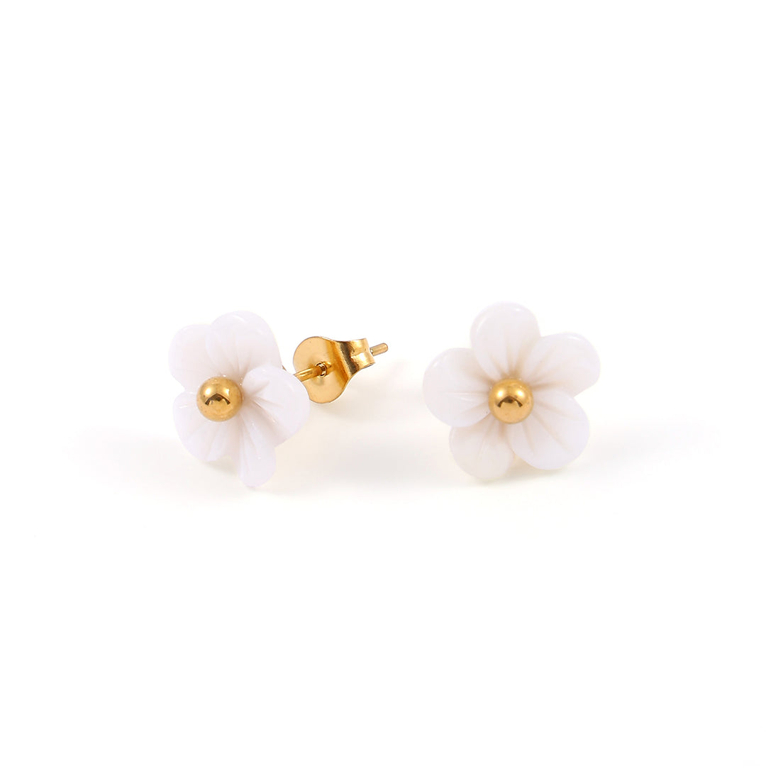 Ellen - Pendientes de Stud de Flor Blanca de Acero Inoxidable